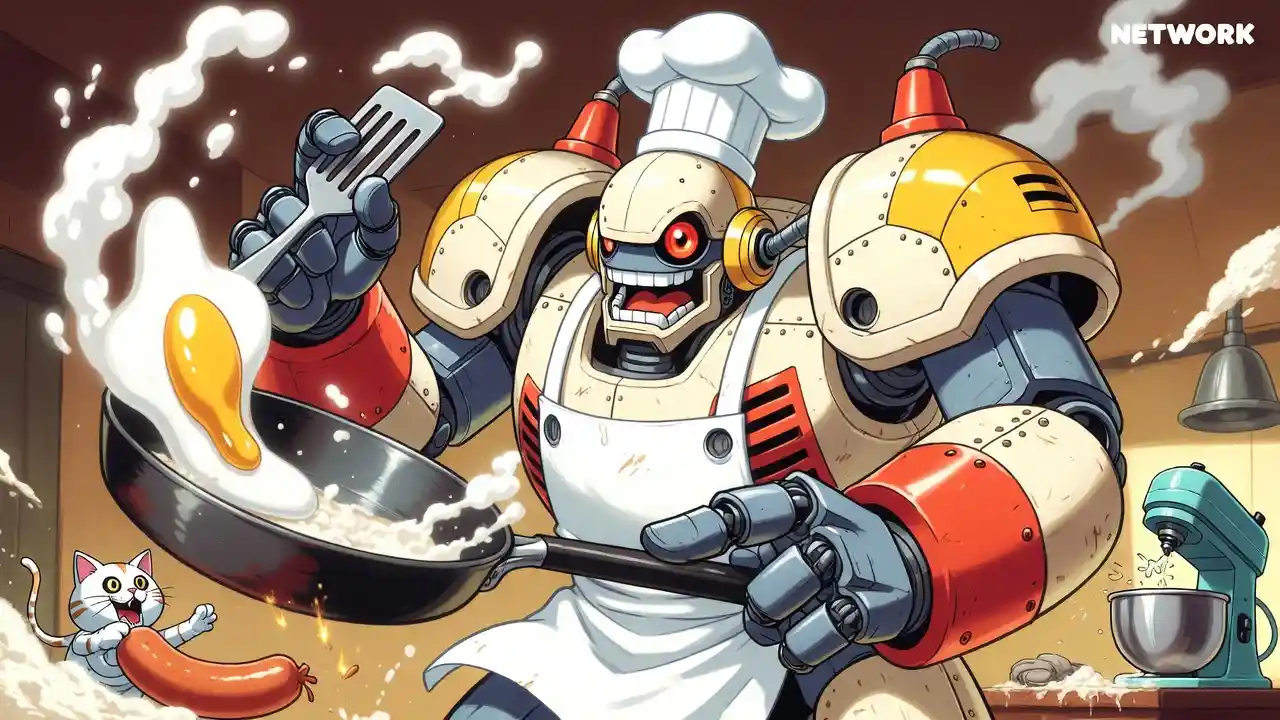 Bulky kitchen robot chef frying an oversized egg