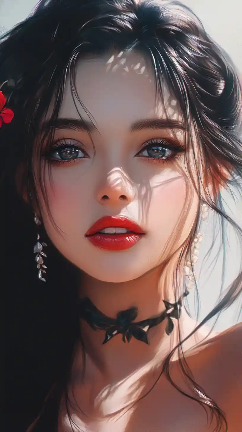 Glamorous brunette woman in lace choker close up portrait