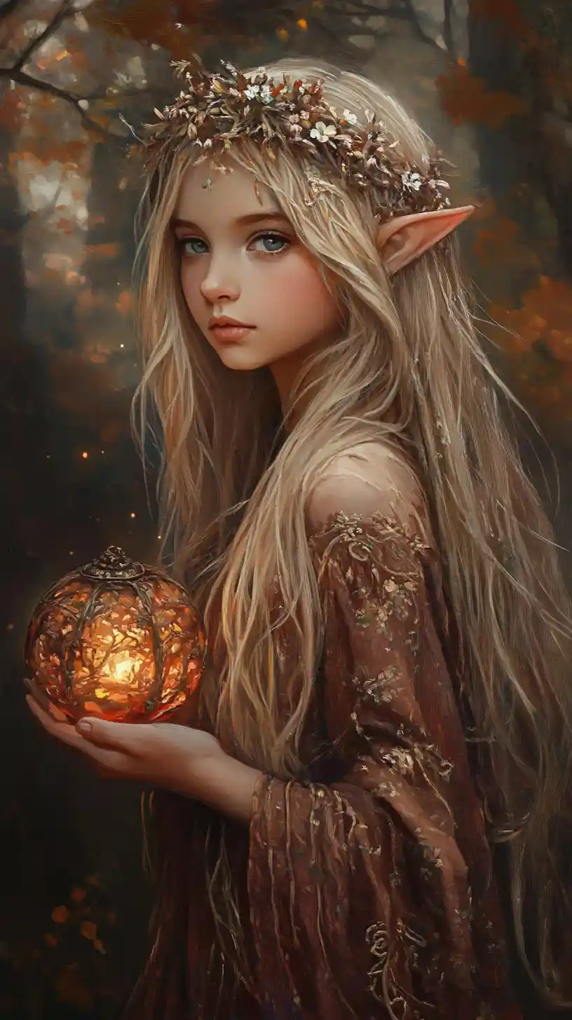 Elf girl with glowing lantern in misty autumn forest