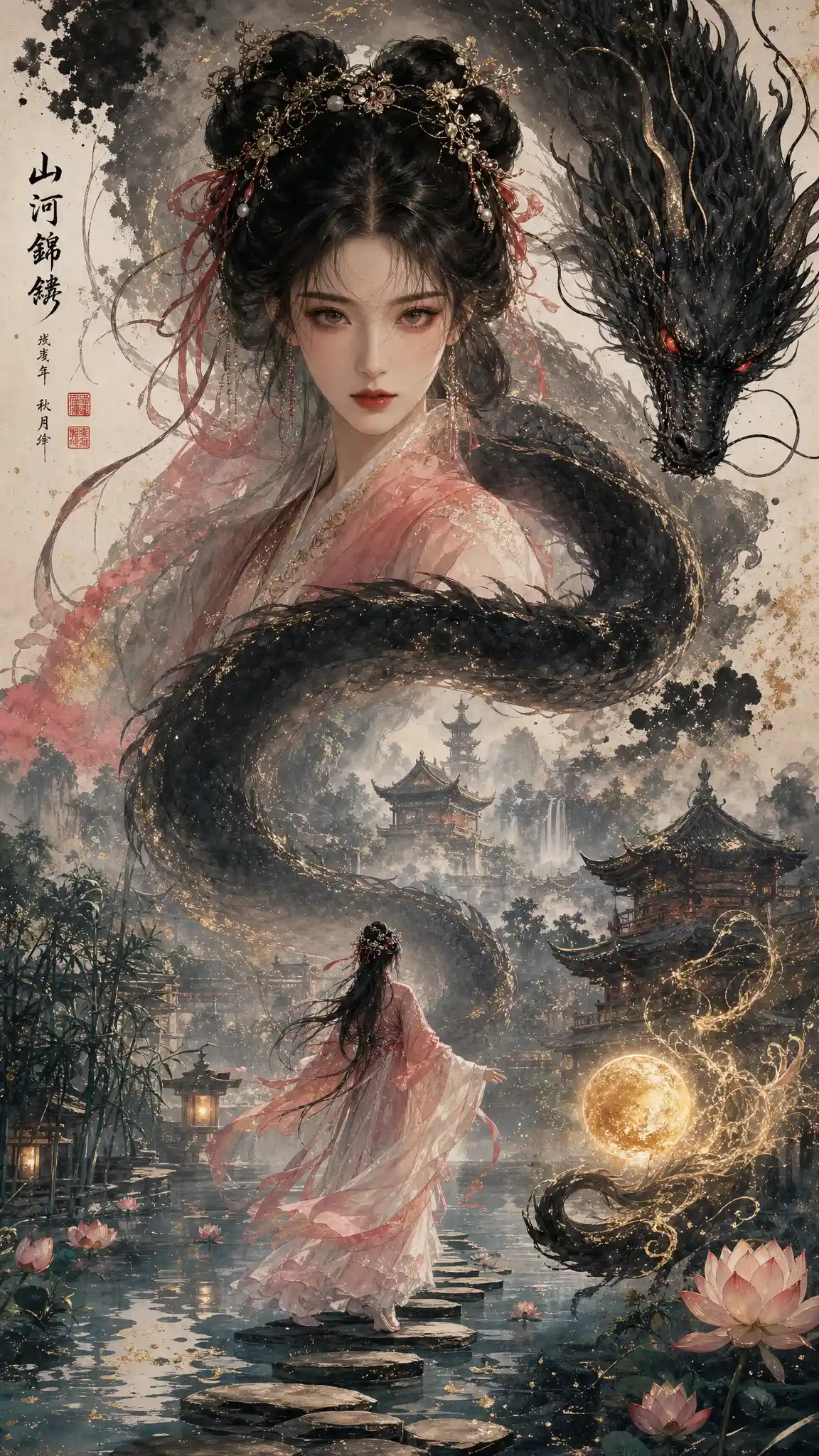 Young woman in ornate hanfu facing a coiling dragon