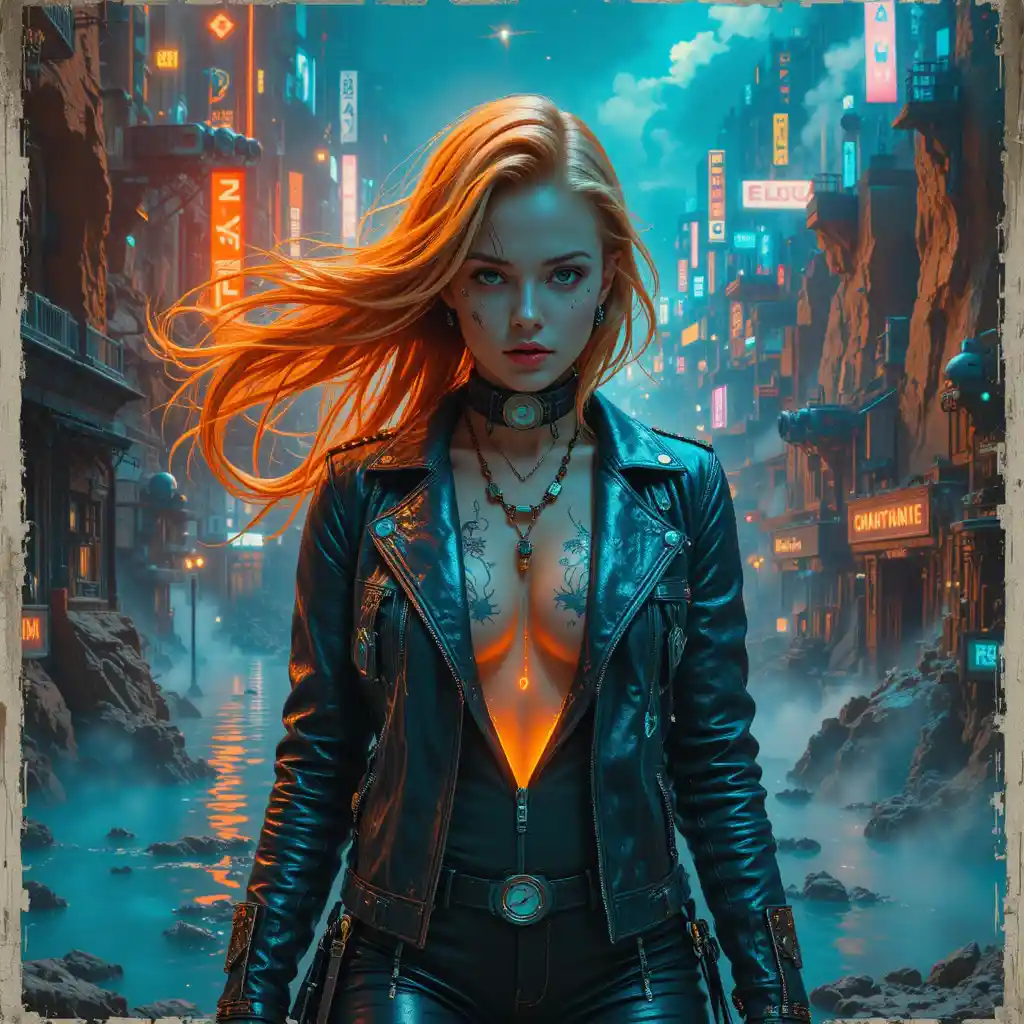 Rebel nurse outlaw towering over neon flooded canyon city