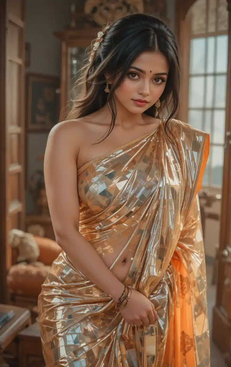 Full body woman in saree with exposed midriff pose
