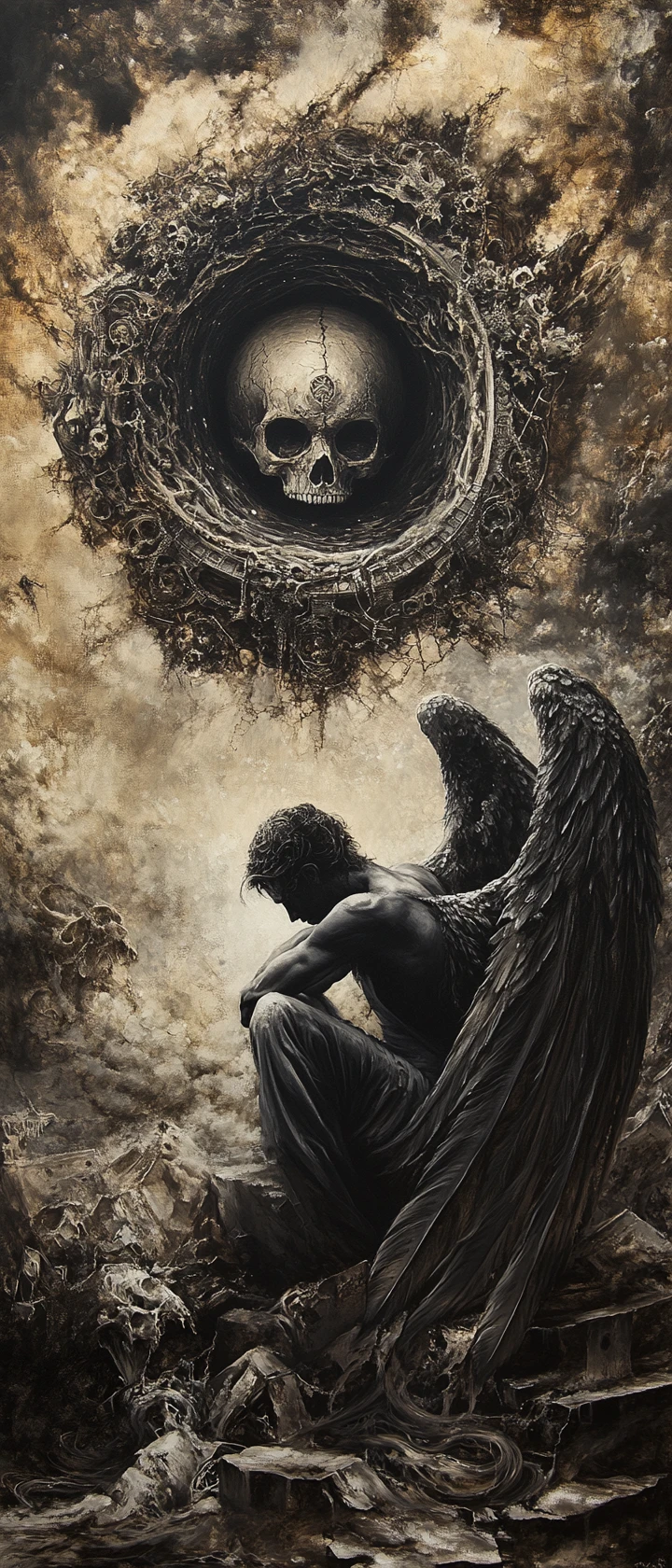 Fallen dark angel in a gothic surreal cosmic storm
