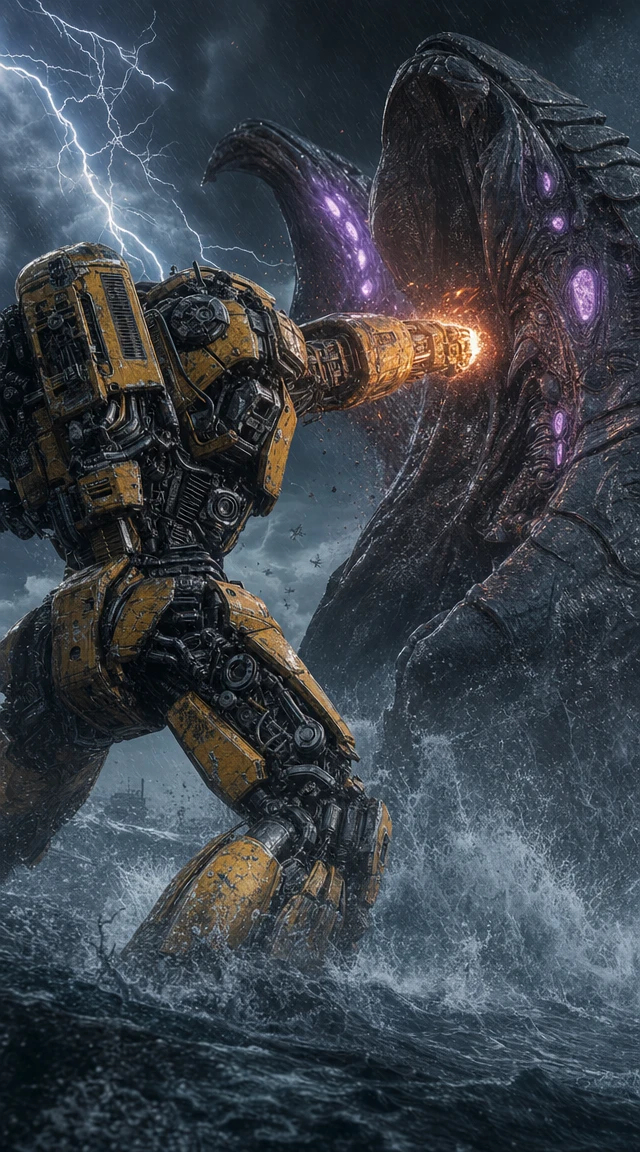 Giant mech punching leviathan in a stormy ocean battle