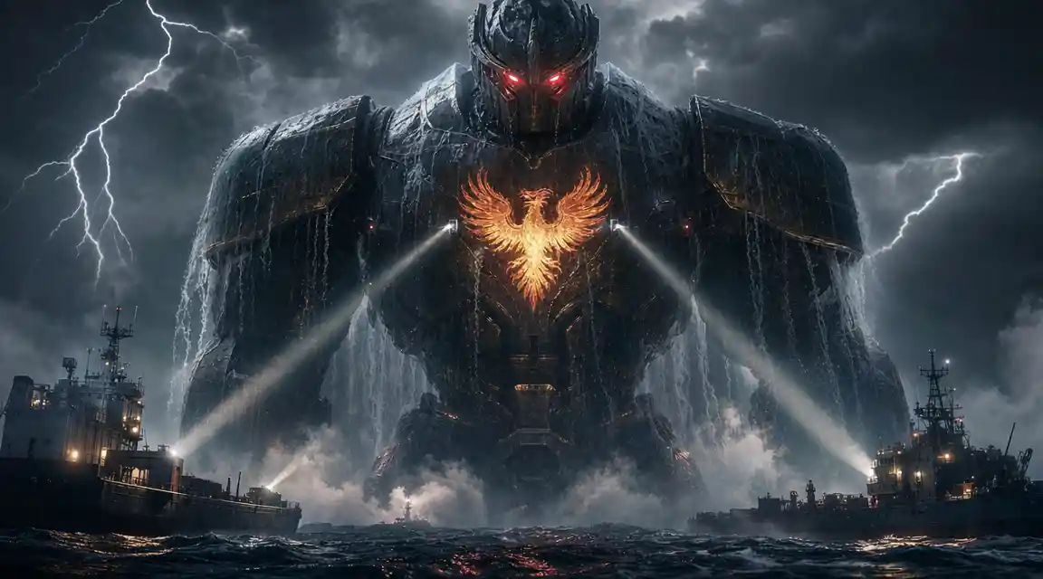 Giant Robot Rising From Stormy Ocean At Night
