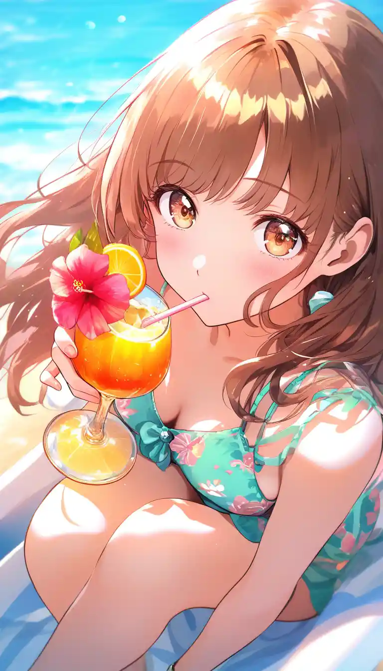 Anime girl drinking cocktail on a sunny beach