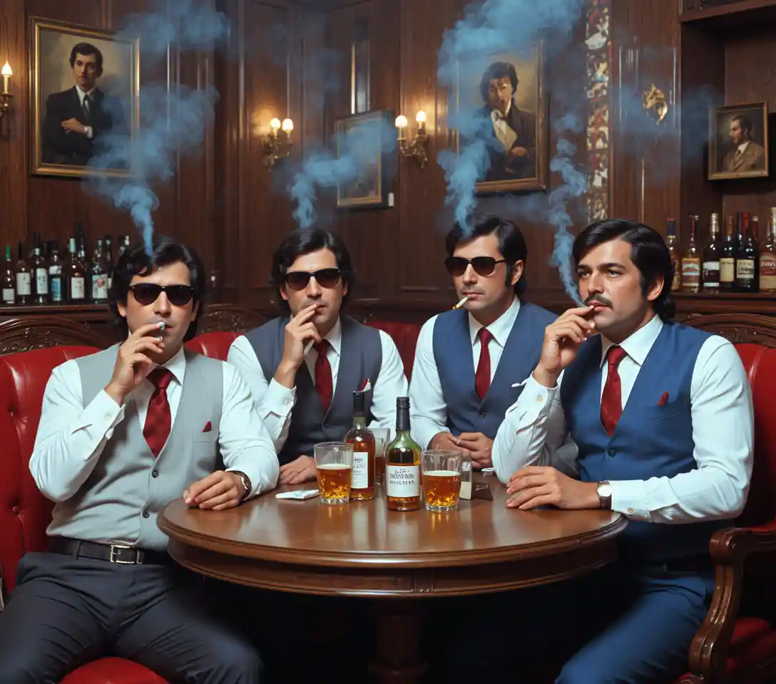 Four men in suits smoking cigars in a vintage bar
