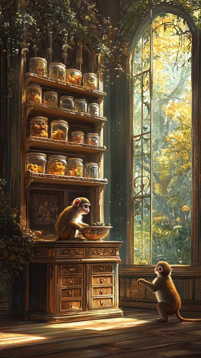 Mother monkey cradling her baby in a magical kitchen