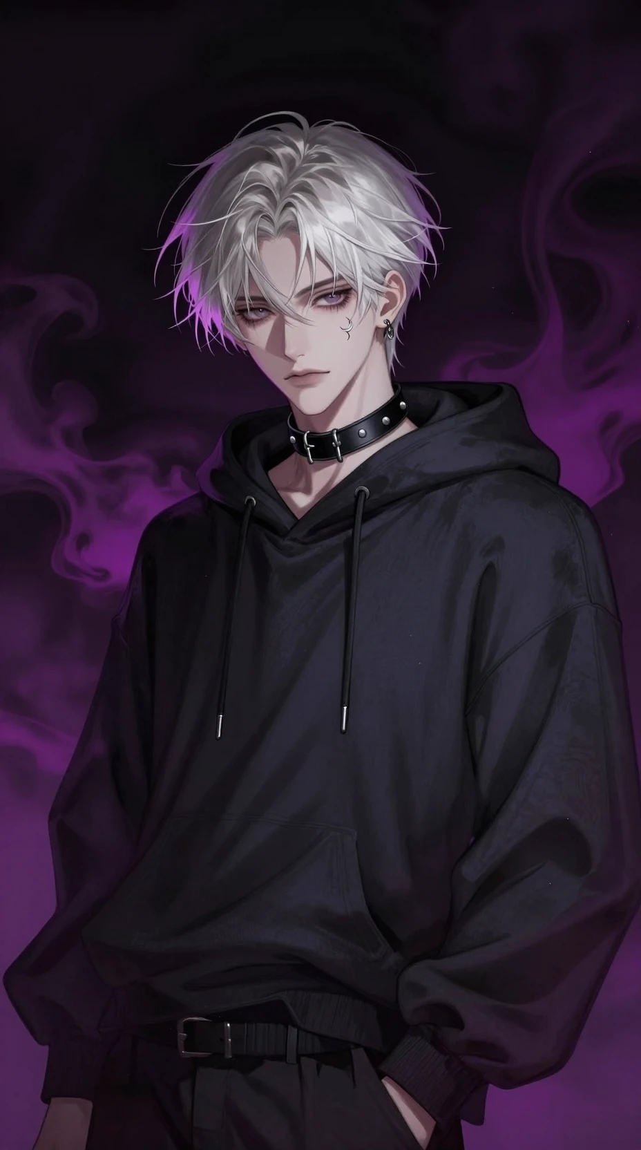 Pale Anime Man In Hoodie With Crescent Moon Tattoo