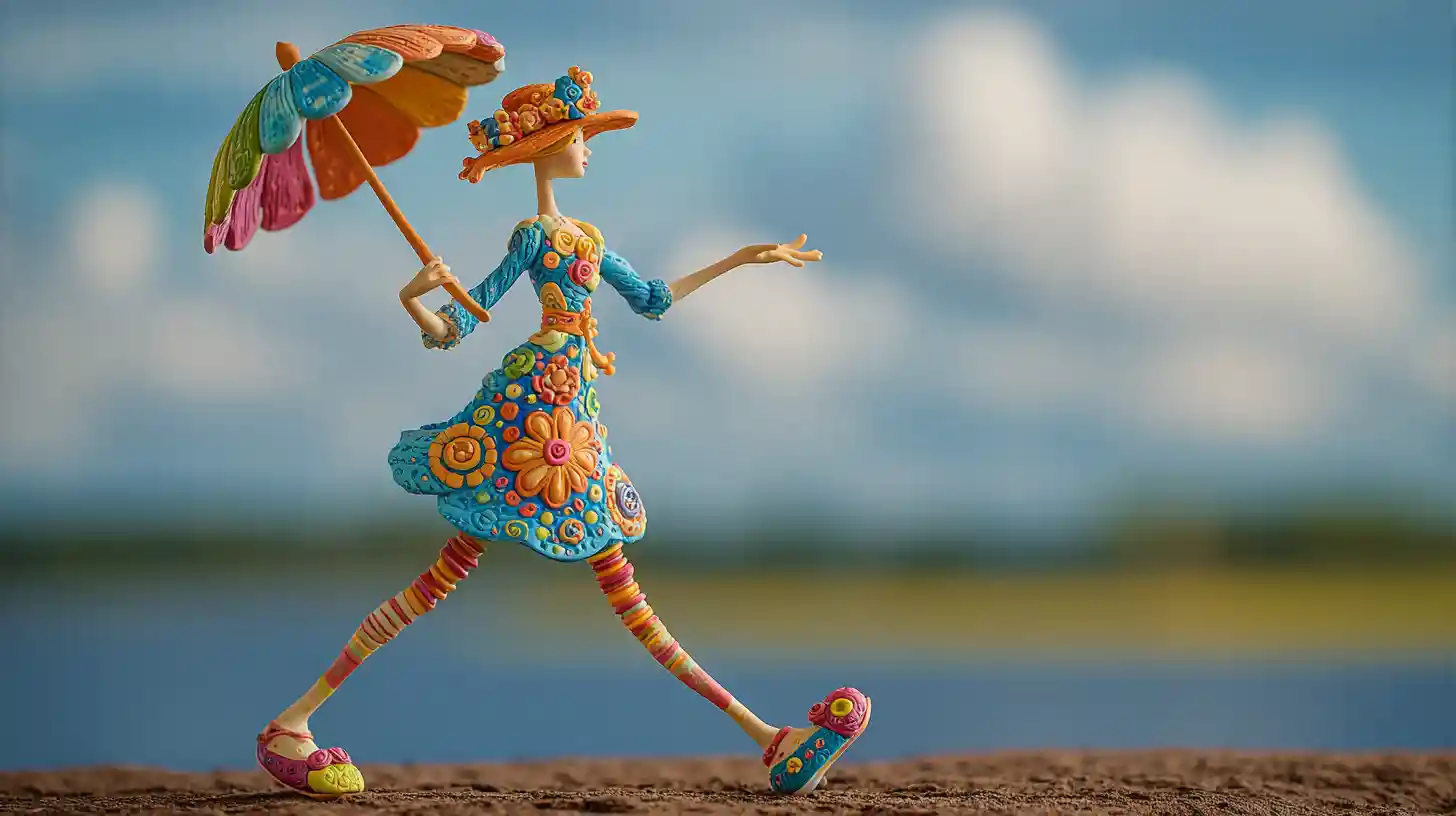 Clay woman with colorful umbrella in a serene landscape