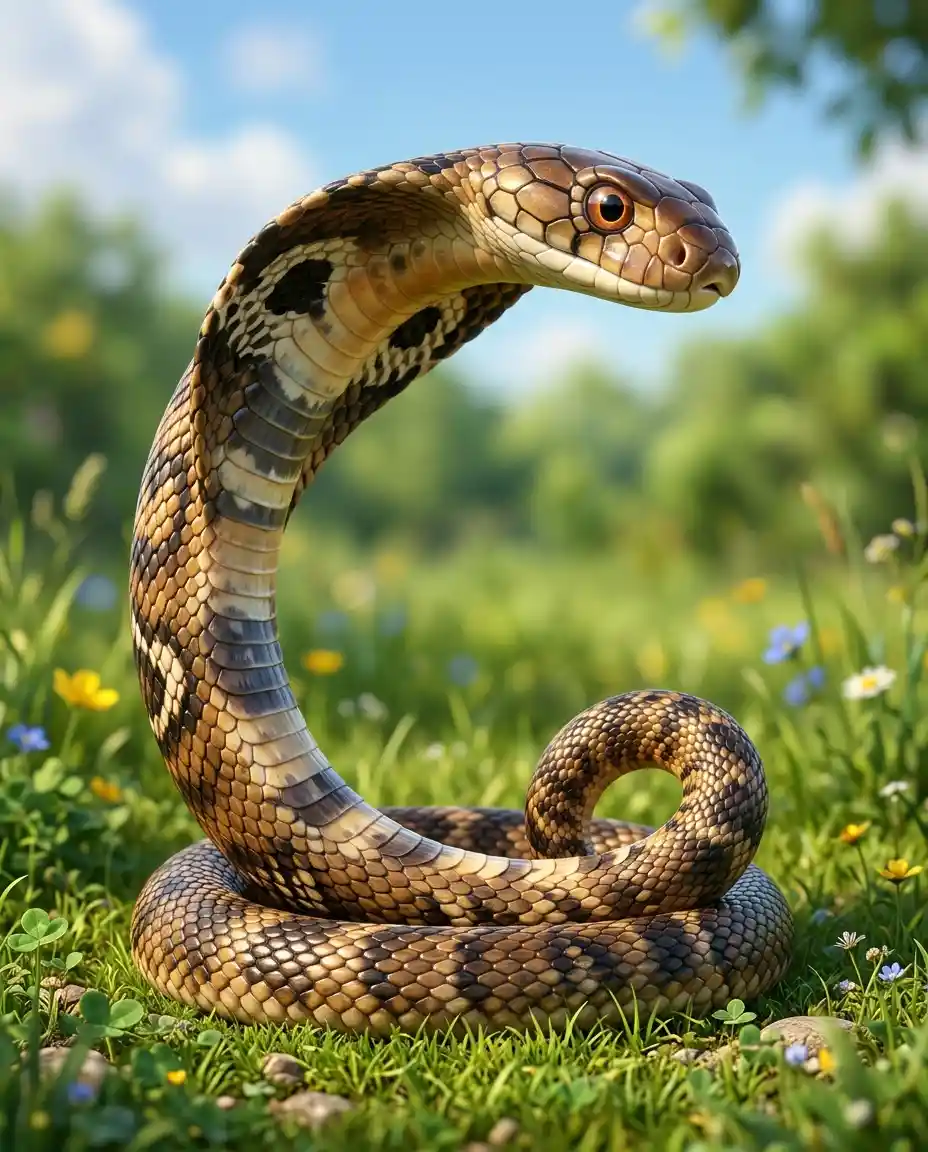 Coiled cobra forming a bold C shape on green meadow