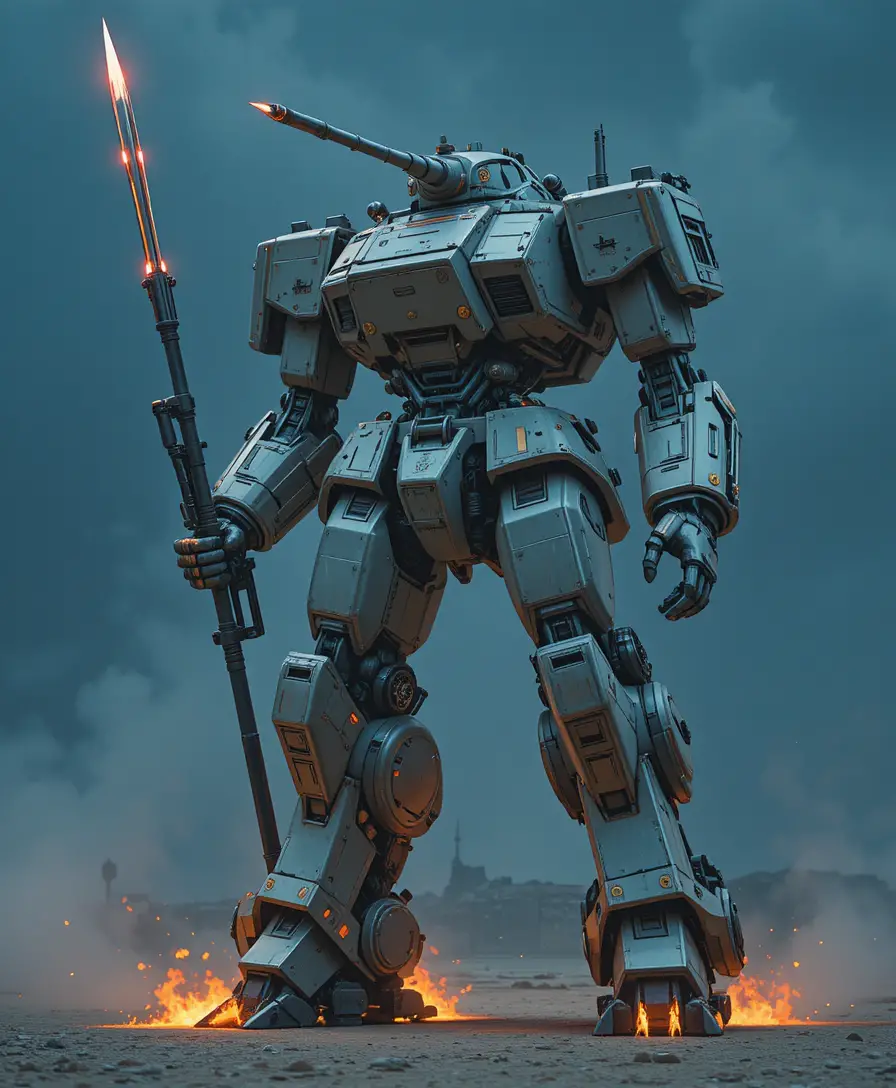Giant mech with tank turret head and blazing rocket feet