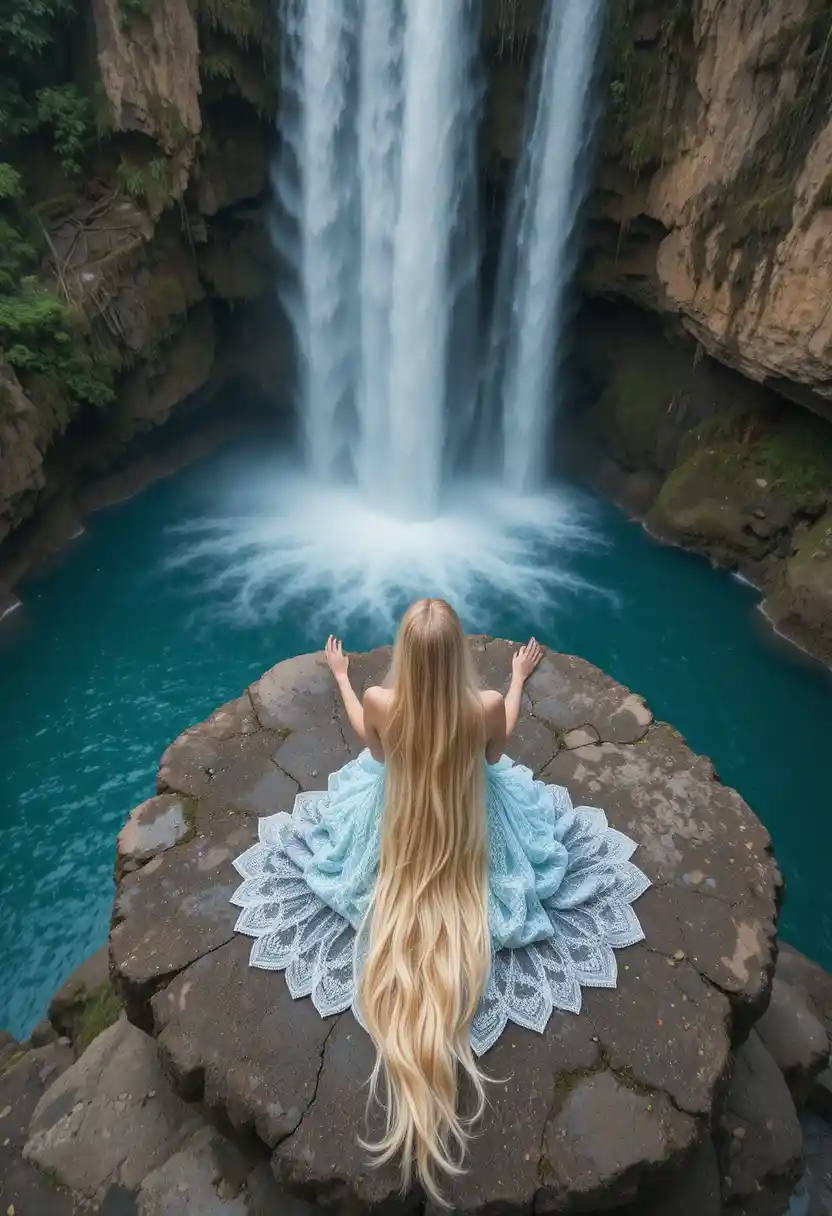 Woman on rock above waterfall with flowing blonde hair