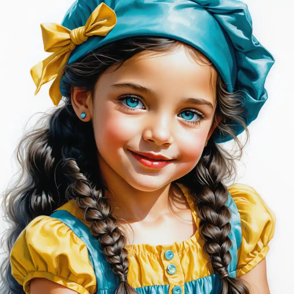 Crouching summer girl with blue eyes and yellow beret