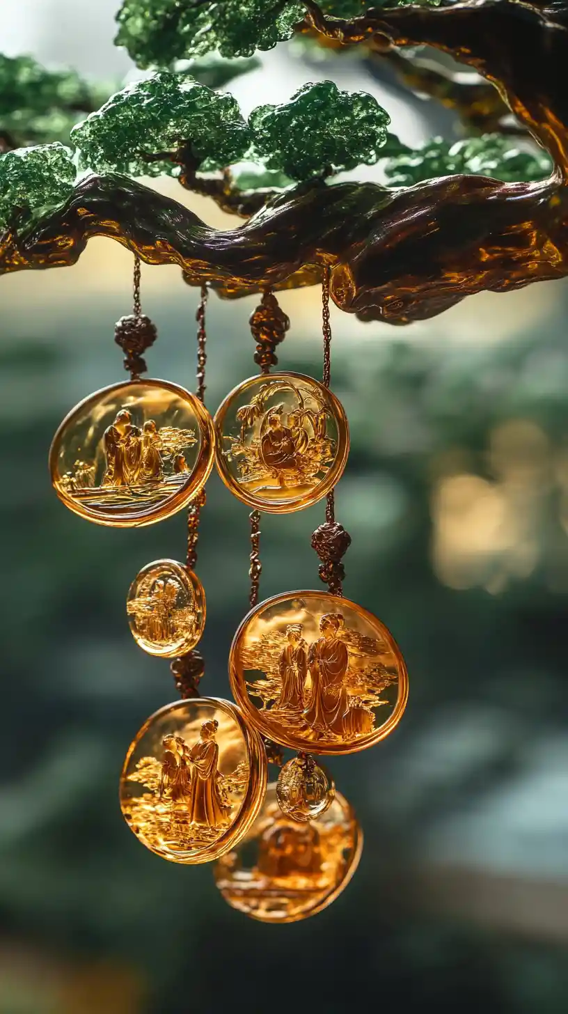 Close up jade tree with amber medallions and liquid roots