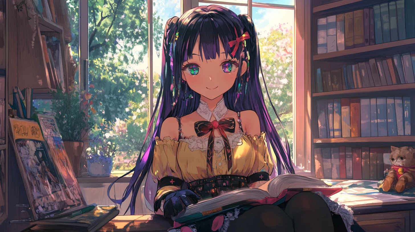 Anime girl reading in a cozy room with garden view