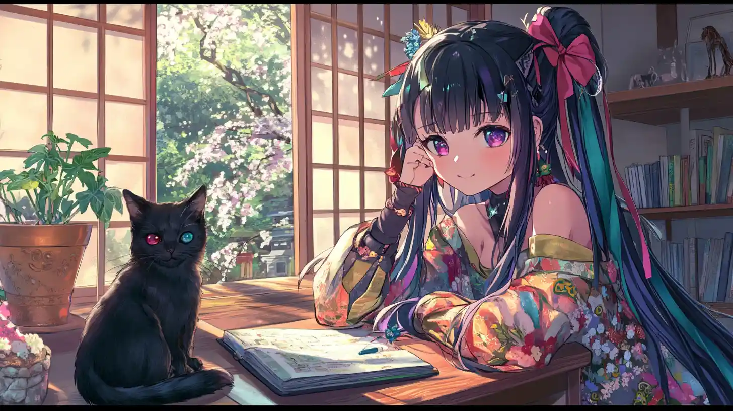 Anime girl reading in a cozy study room with garden view