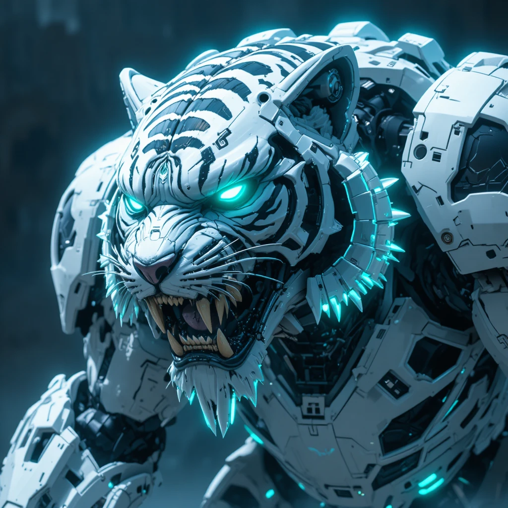 Giant cybernetic sabertooth tiger with neon blue highlights