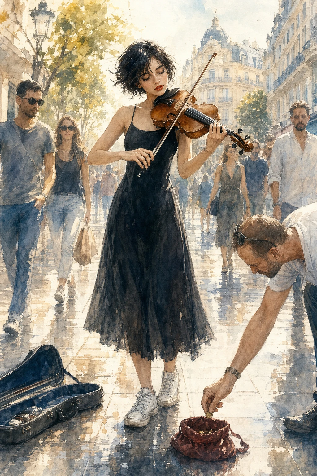 Watercolor street violinist woman in a black dress