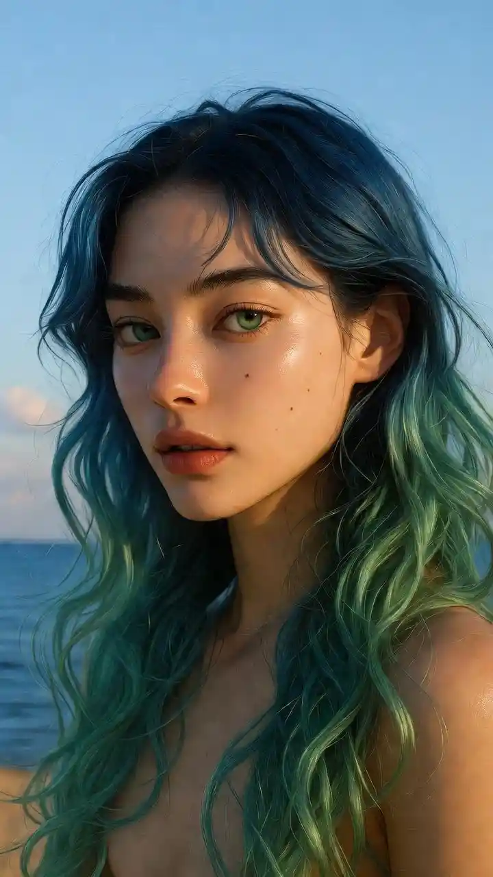 Serene ombre haired girl by tranquil water at dawn