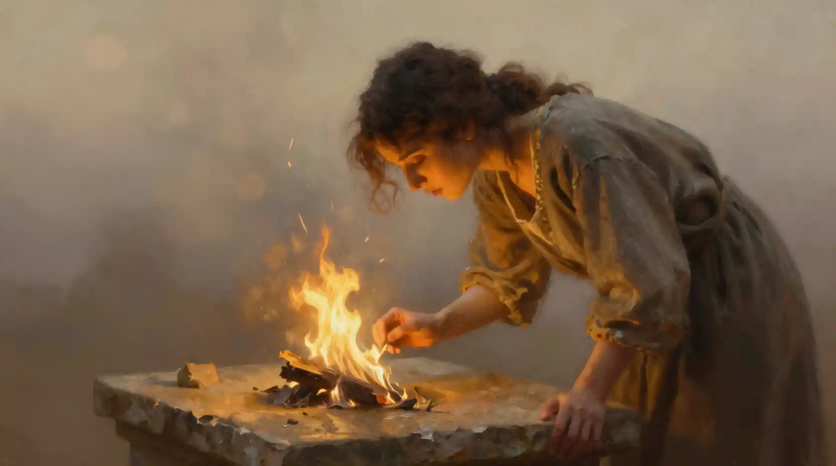 Person guarding a fragile flame on a stone altar