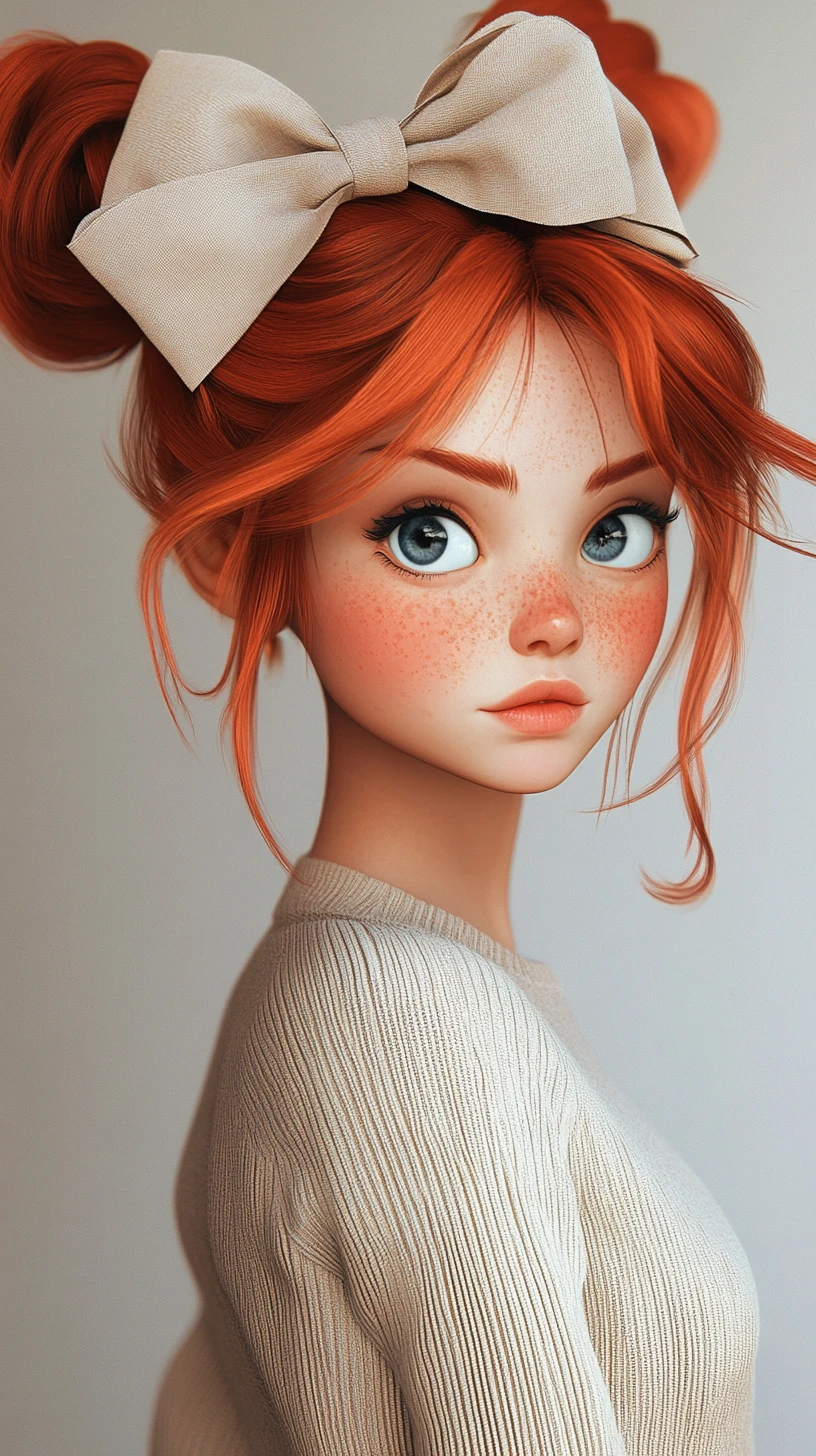 Playful red haired anime girl in beige sweater portrait