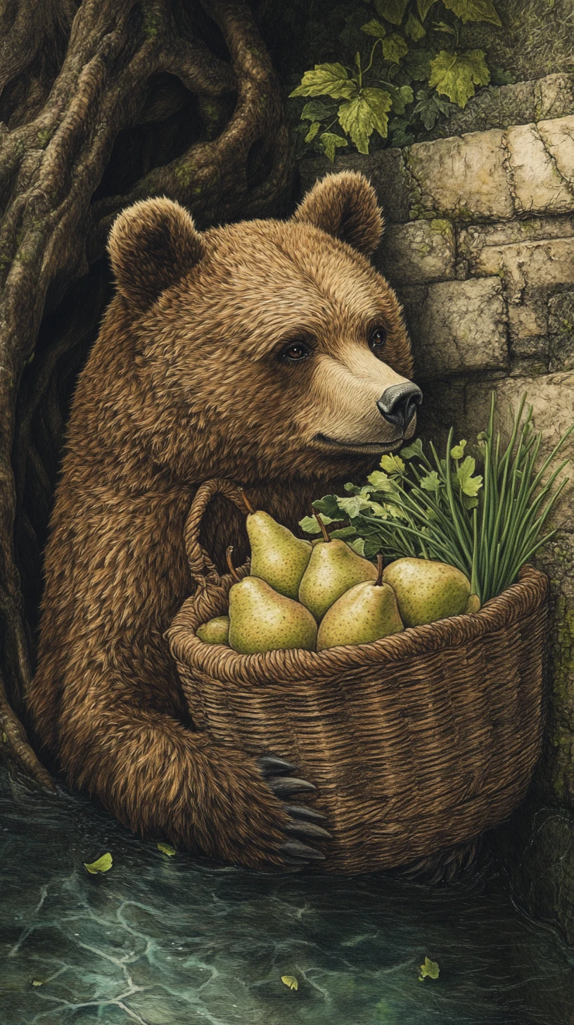 Whimsical Bear With Basket Resting By Enchanted Tree Root