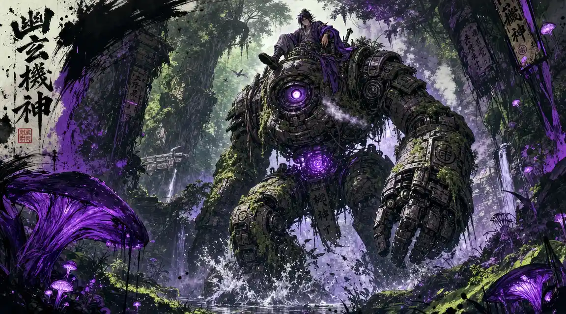 Giant ruin guardian with rider in glowing fantasy jungle