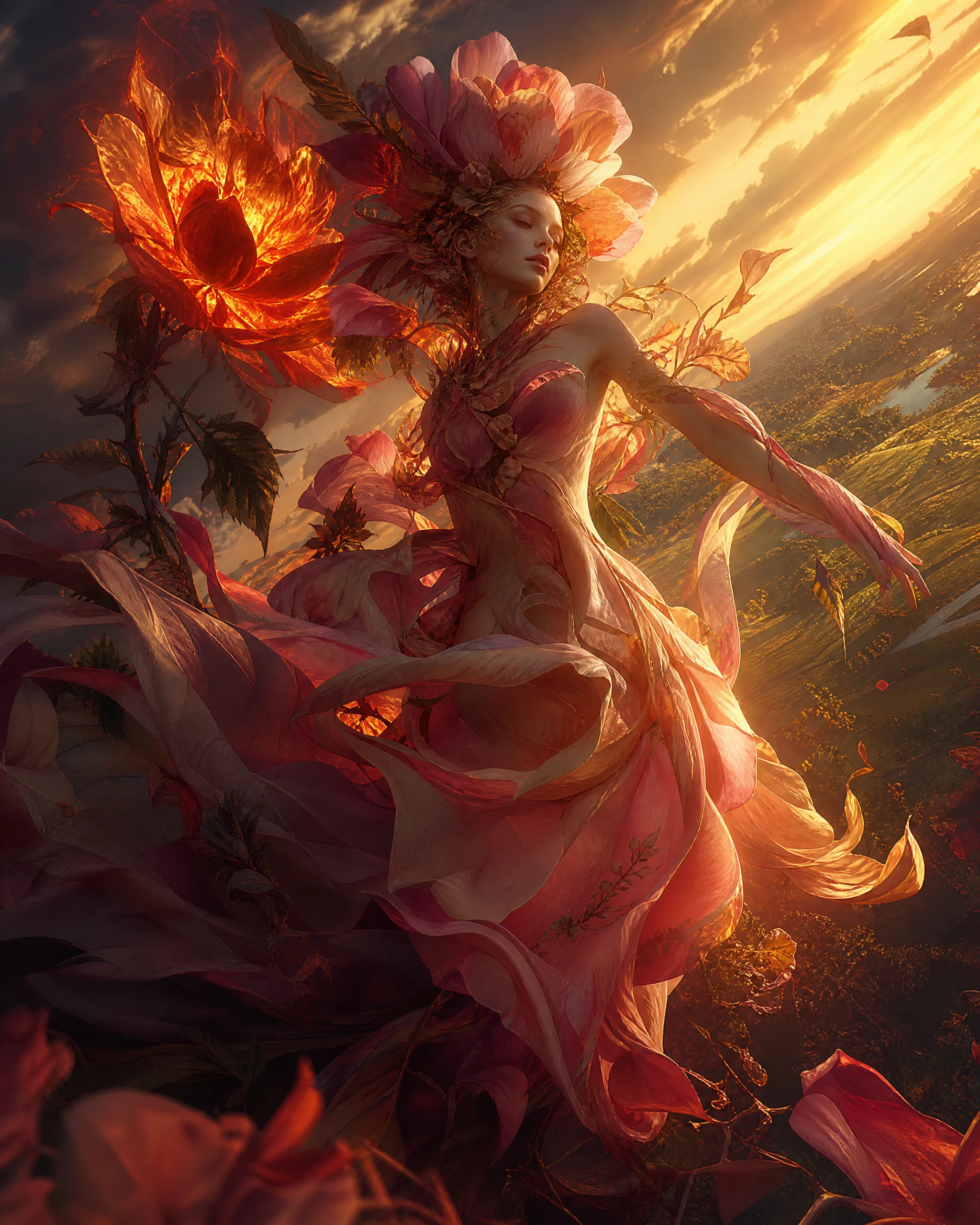 Golden flowers glowing softly in the warm sunset breeze