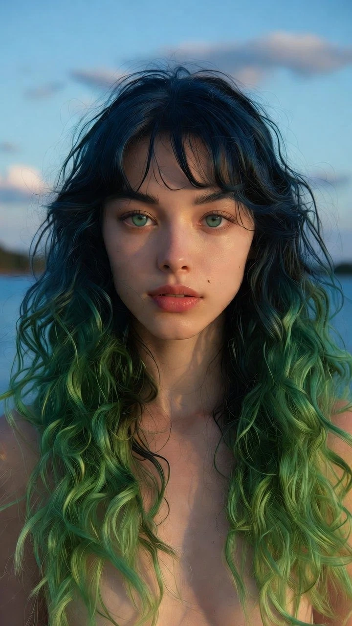 Anime girl by tranquil water at sunrise in full view