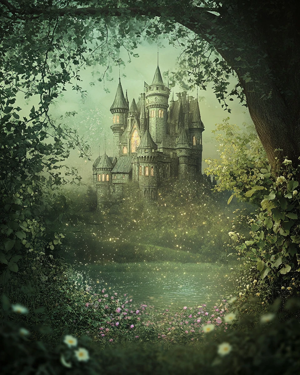 Castle in a valley framed by oak leaves and branches