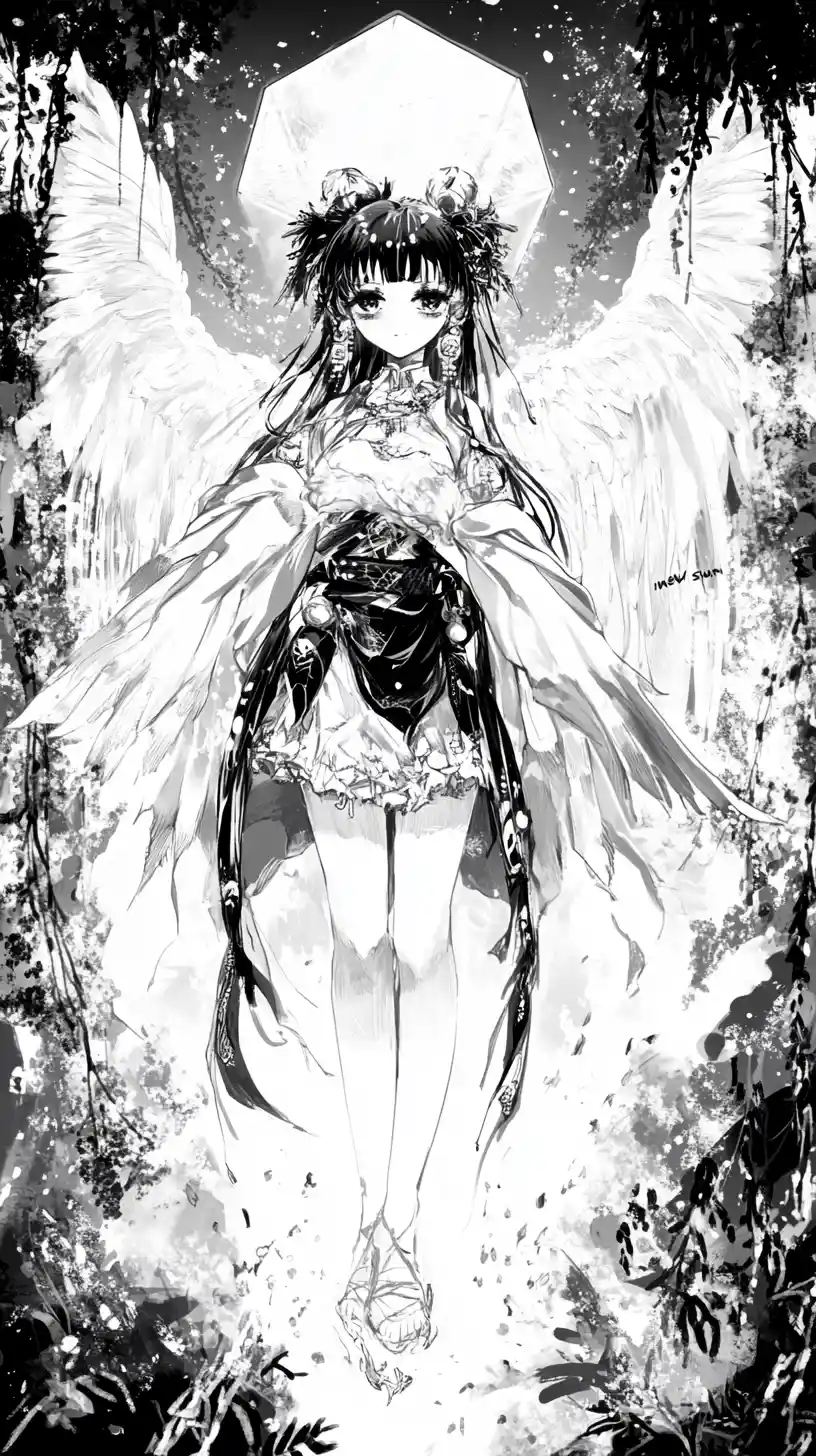 Manga girl swinging a sword under a glowing crystal