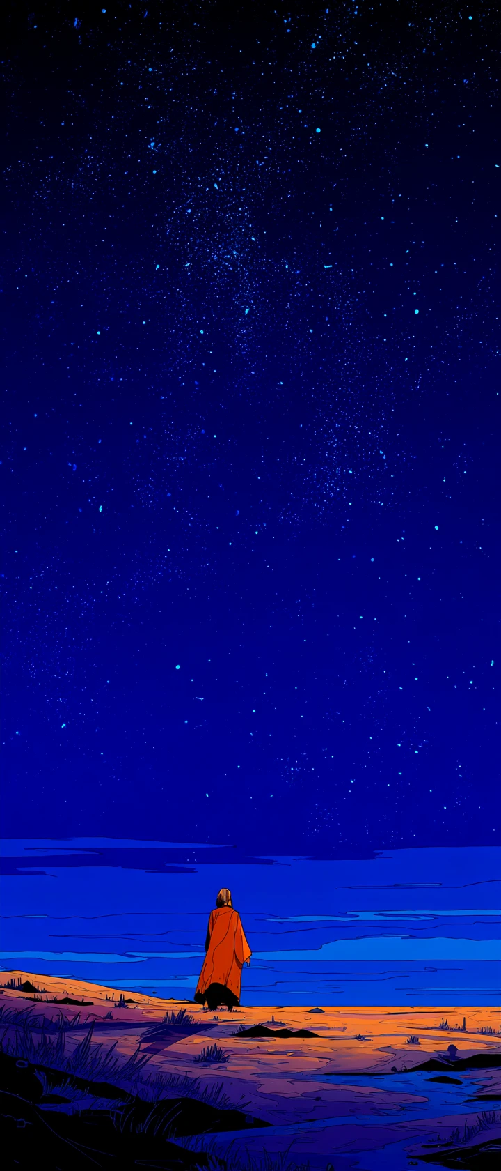 Anime woman at the edge of a vast empty night sky