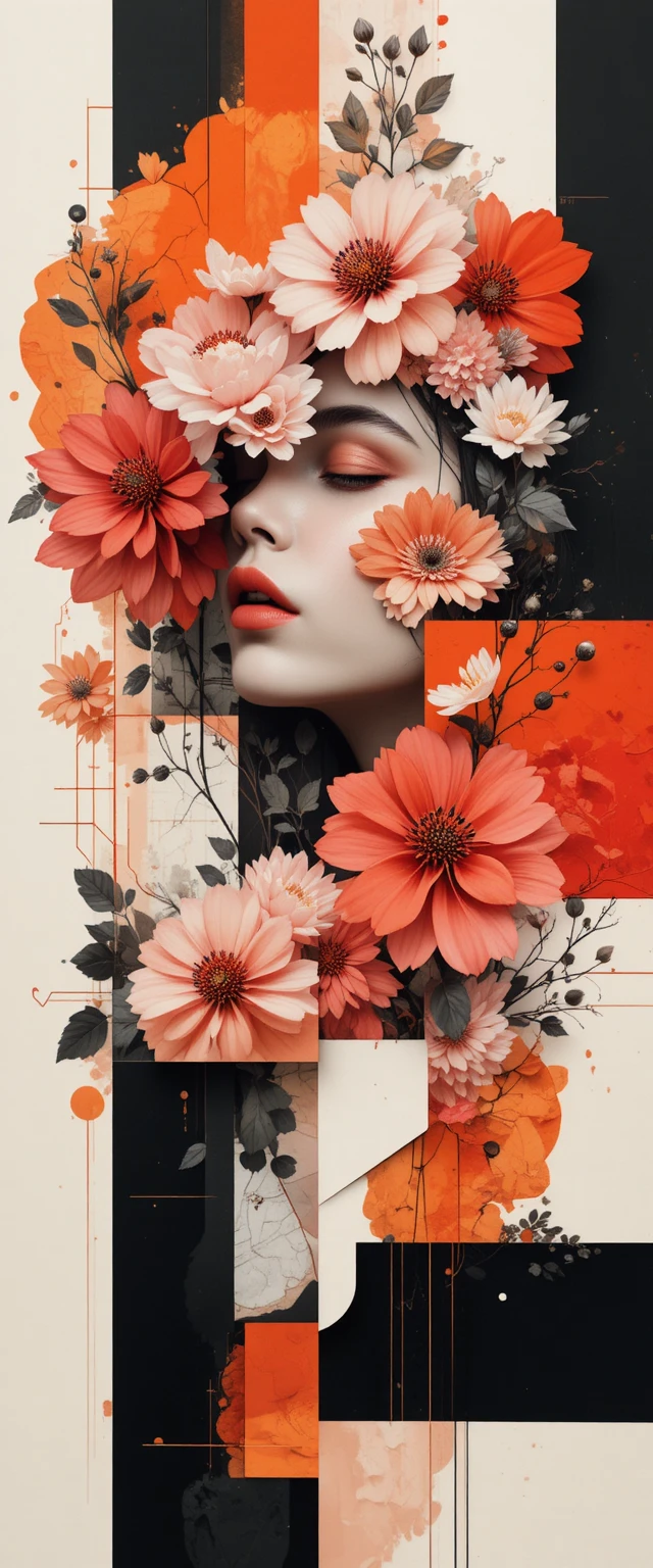 Surreal concept art of a woman face with abstract flowers
