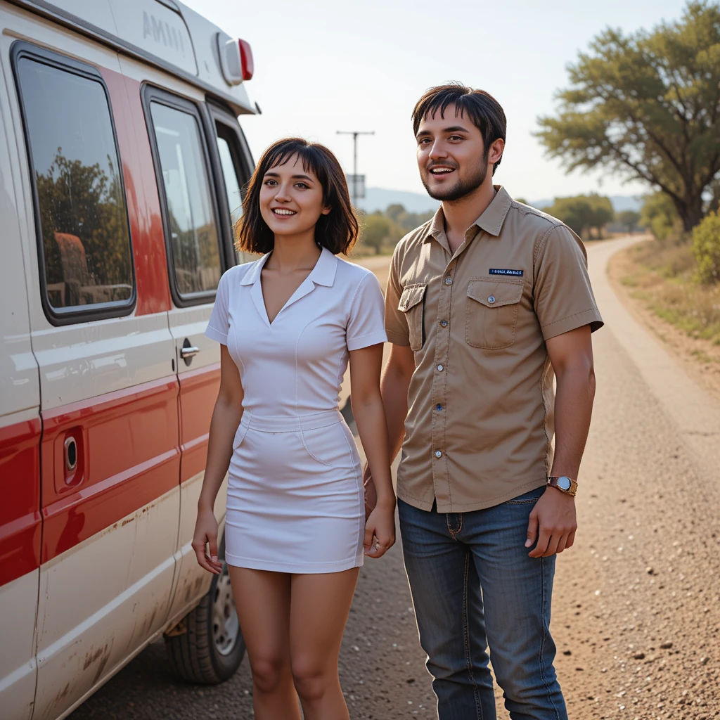 Young nurse holding a worried mans hand by an ambulance