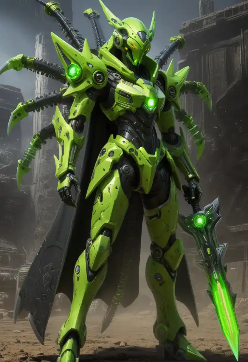 Alien insectoid combat mecha under swirling cosmic sky