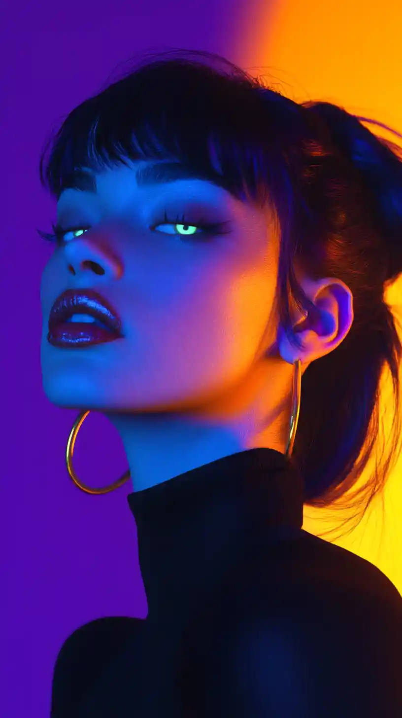 Neon lit woman with glowing green eyes in profile