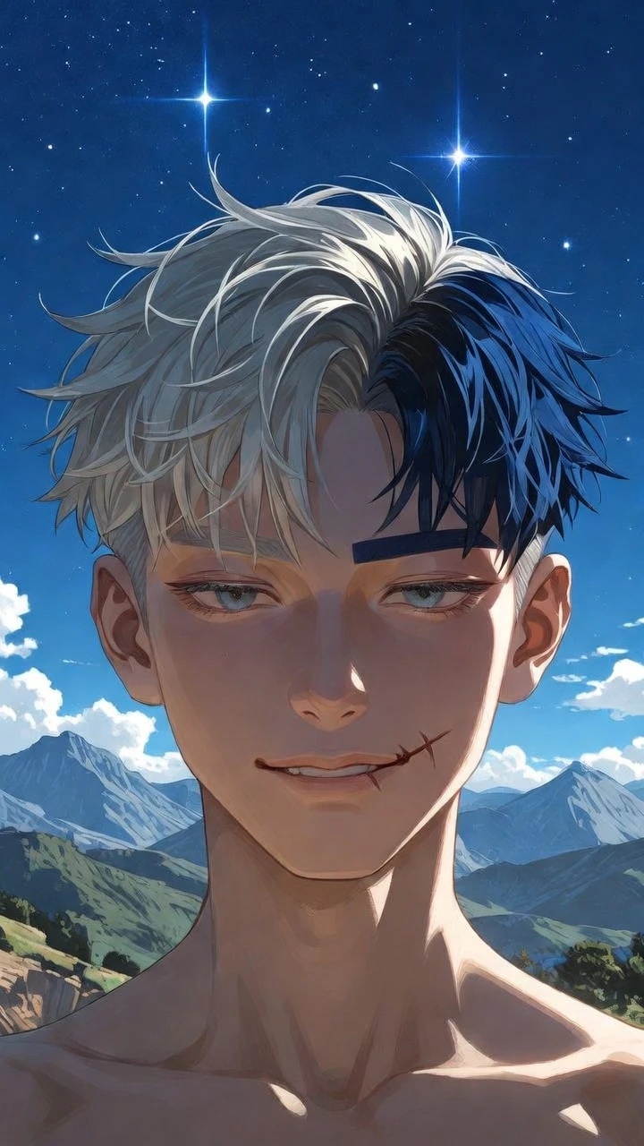 Serene anime man in mountains under a starry night sky