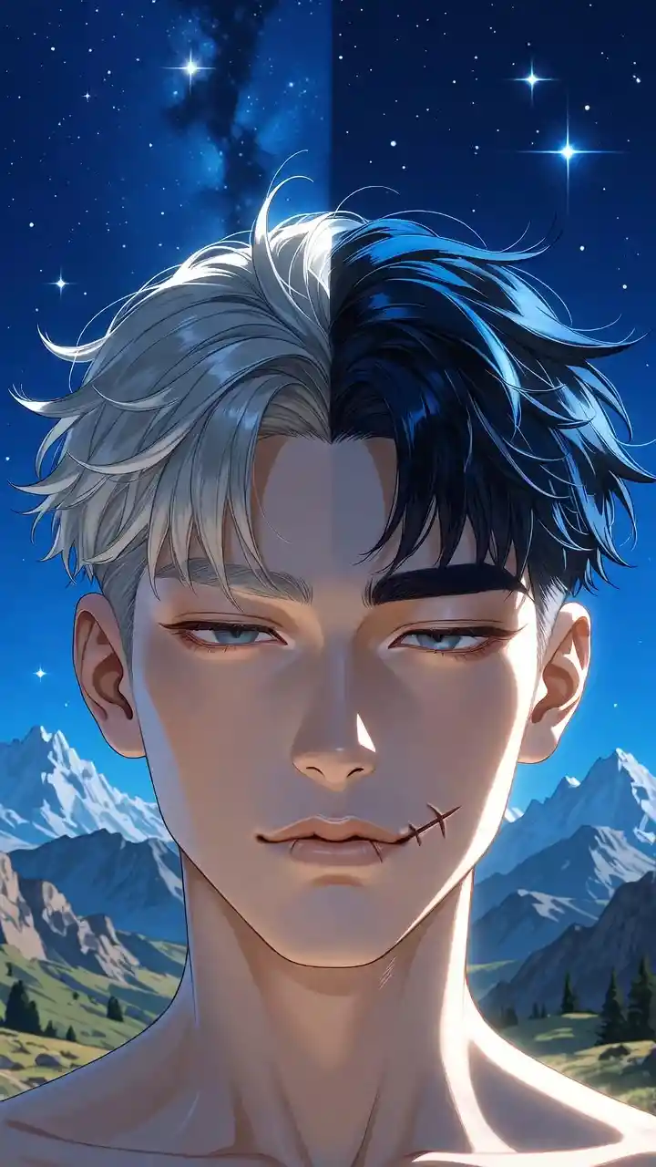 Serene anime man in mountains under a starry night sky