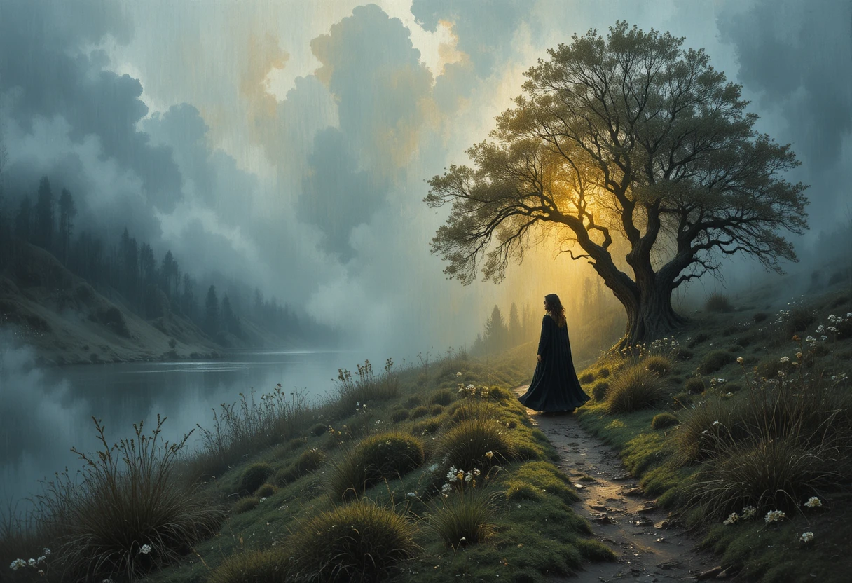 Woman in black standing in a glowing morning moor