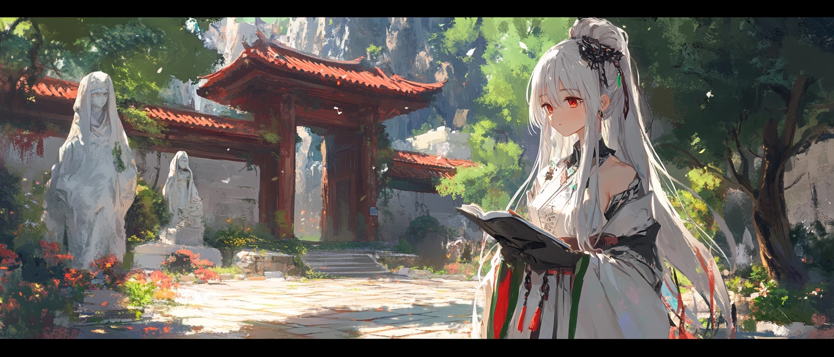 Anime girl in white robe standing in ancient temple courtyard