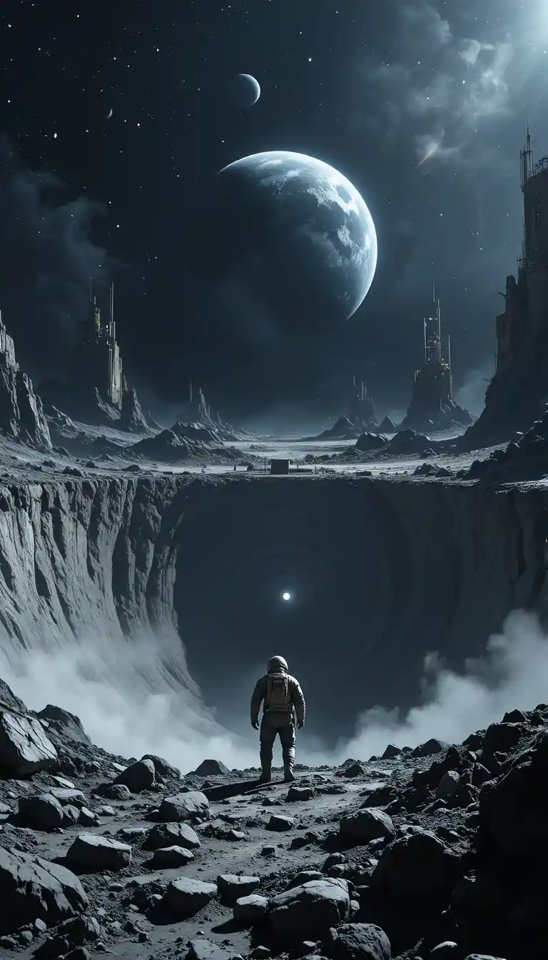暗い月面で天体機械を調整する宇宙飛行士