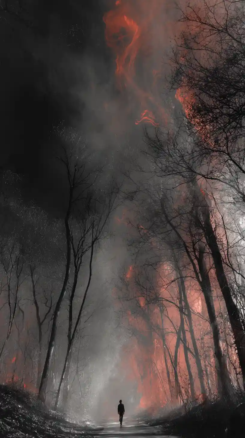 Figure running forward through overwhelming blazing fire