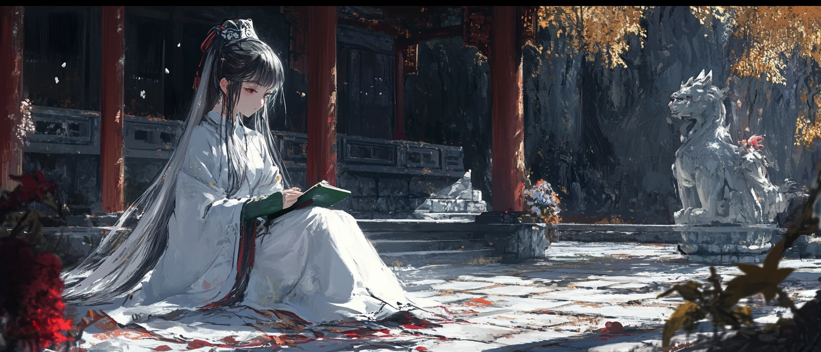 White haired anime girl in a cliffside temple courtyard
