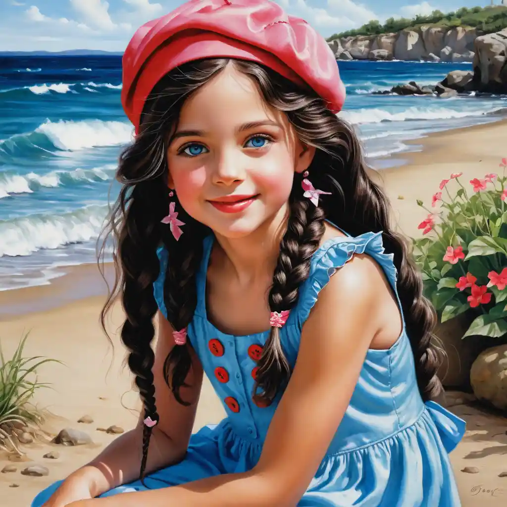 Smiling girl in red summer dress with pink beret crouching