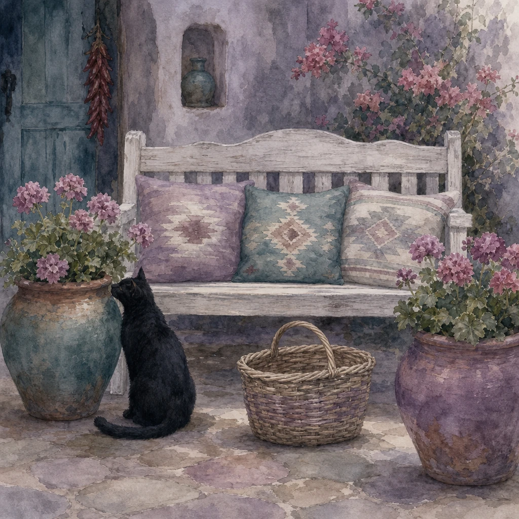 Black cat by a southwestern bench with soft pillows