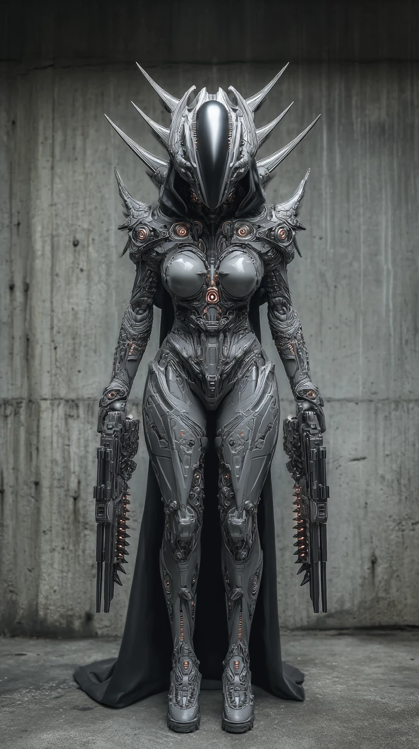 Dark armored alien woman in industrial sci fi interior