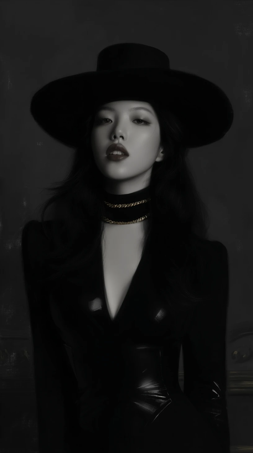 Retrato monocromático de mulher glamourosa com chapéu preto