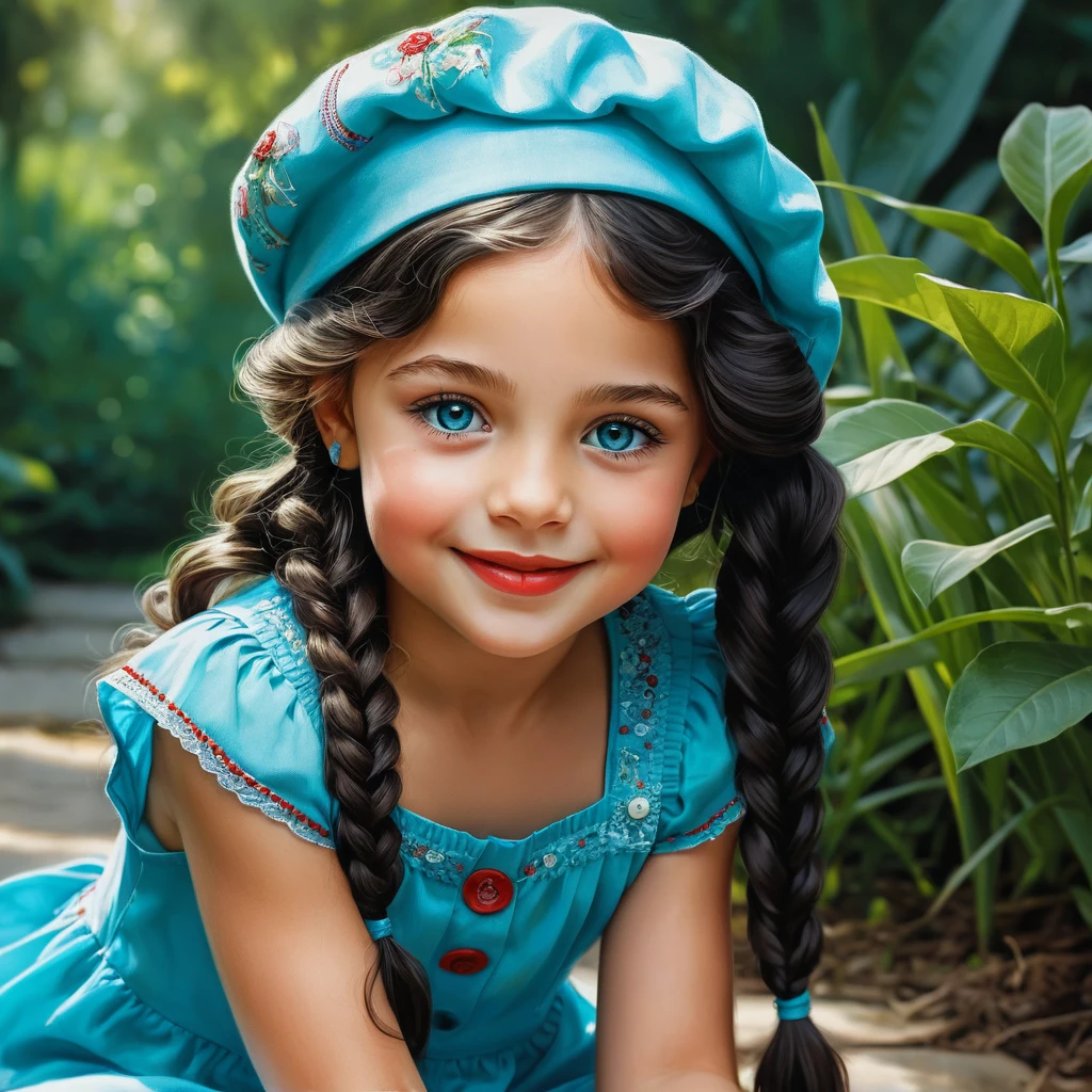 Smiling little girl in aqua beret and summer dress