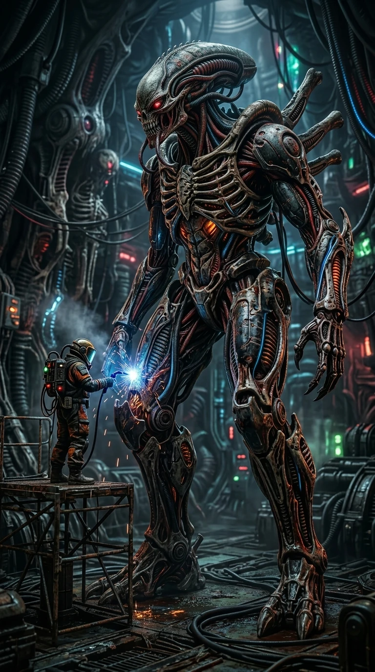 Biomechanical alien creature in dark sci fi industrial setting